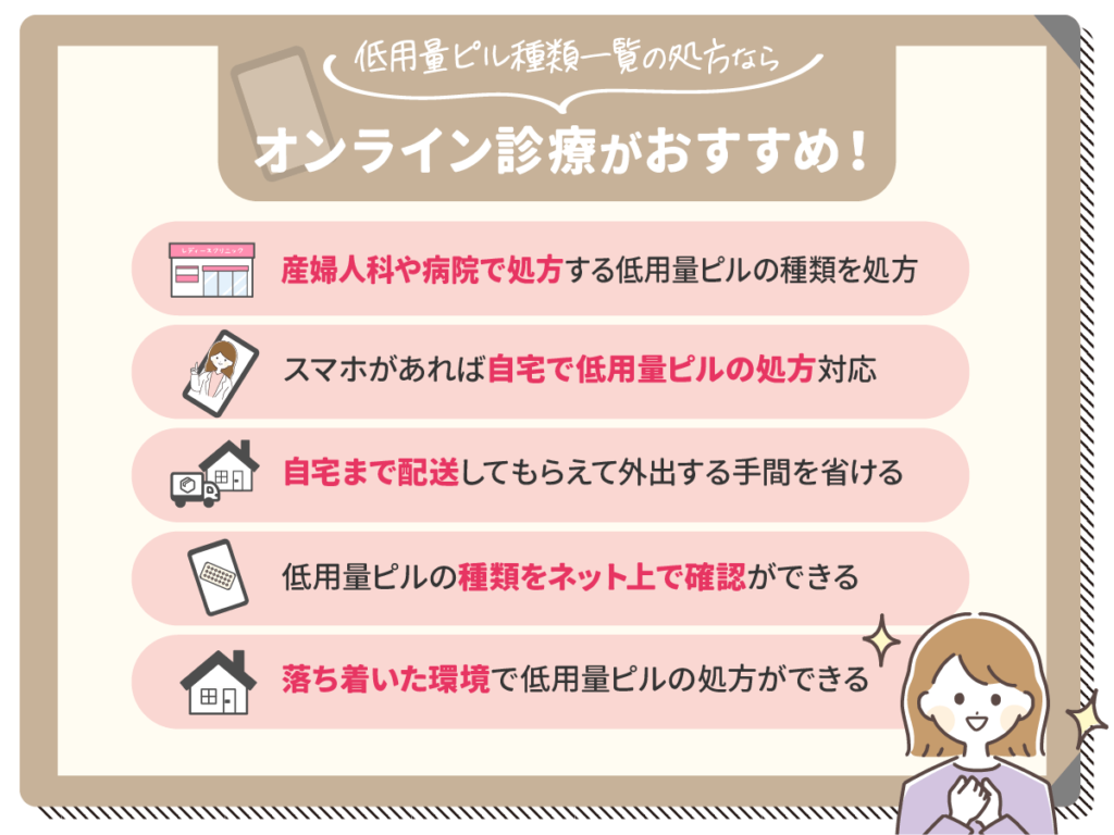 低用量ピル種類一覧の処方ならオンライン診療がおすすめ!