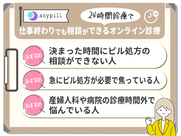 エニピルの口コミ:24時間診療で仕事終わりでも相談ができるオンライン診療